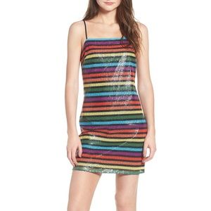 WAYF Rainbow Striped Sequin Spaghetti Mini Dress